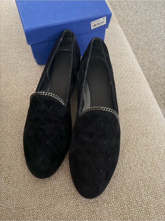 Stuart Weitzman Shoes - Stuart Weitzman Black Quilted Suede Loafers with Chain Trim